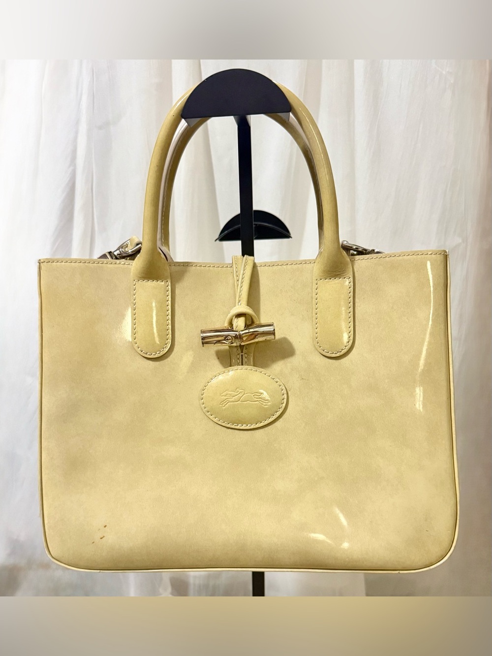 Longchamp Pale Yellow Pattend Leather Roseau Bag